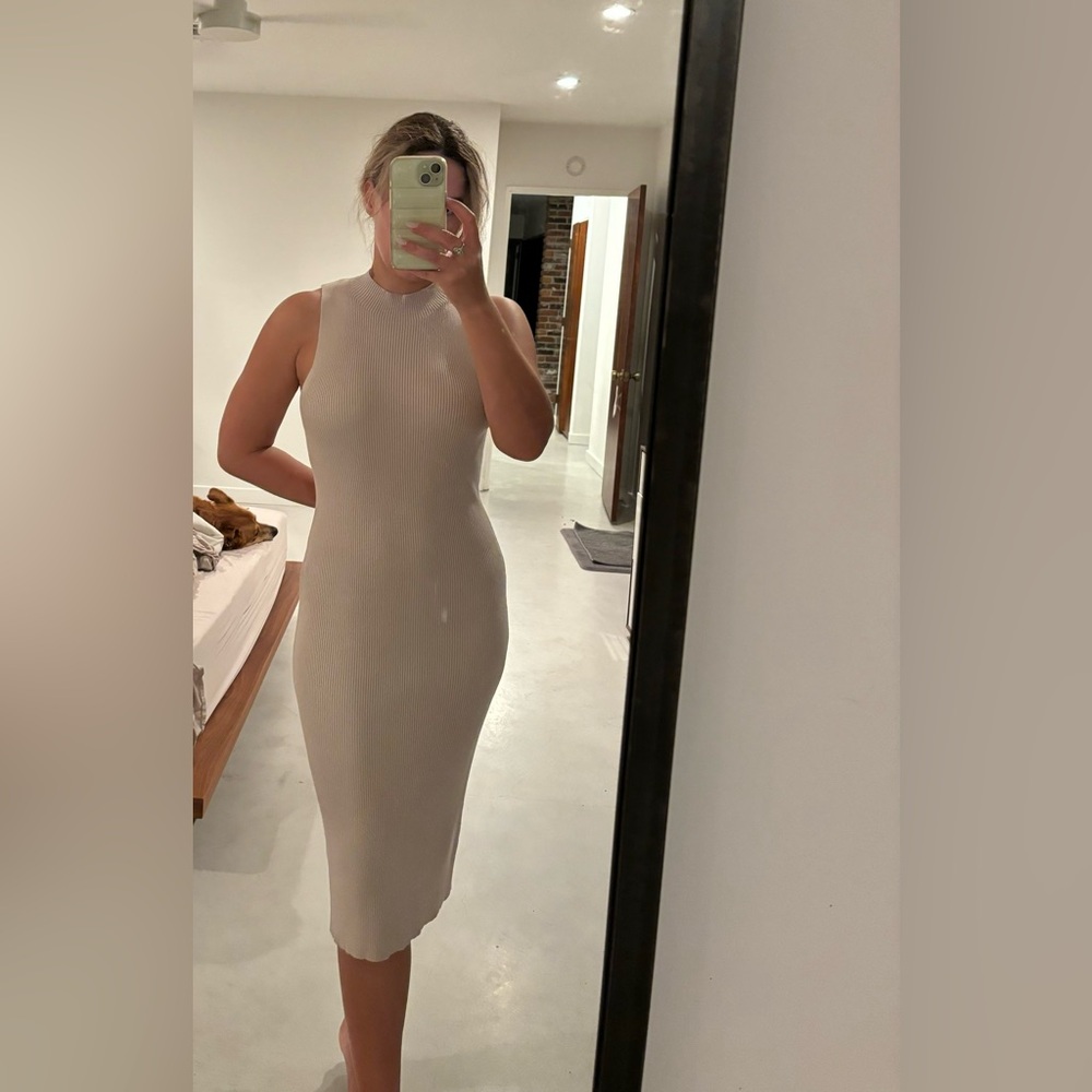 Ribbed Sleeveless Beige High Neck Midi Dress